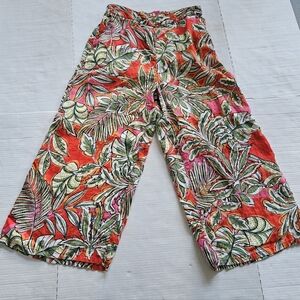 C&C California Linen Tropical Leaf Print Wide Leg Crop Elastic Pull-on Pants M